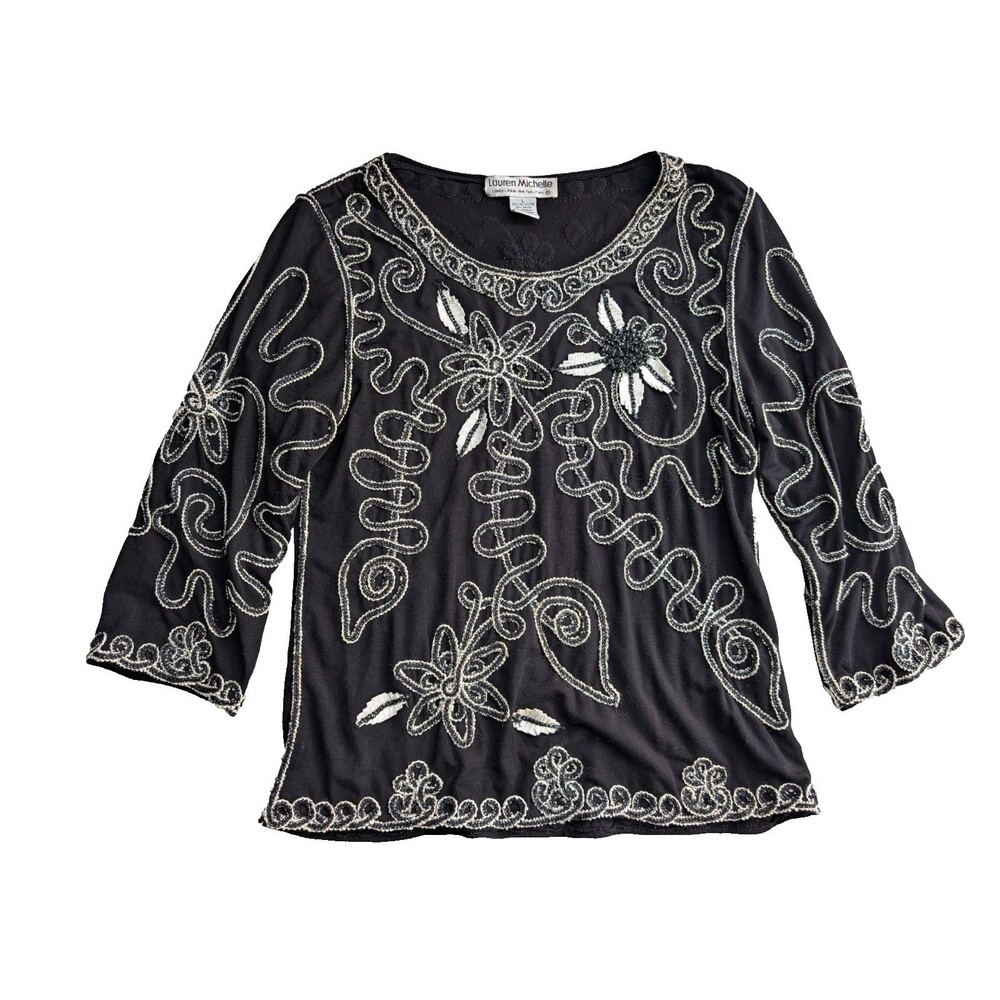 Lauren Michelle Black Embellished Beaded Floral Tunic Top Women’s Large Art